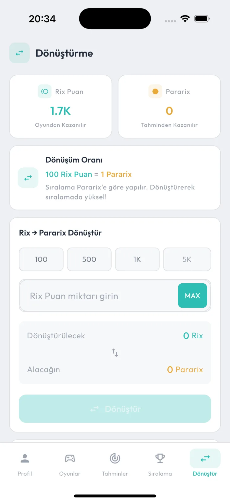 Pararix Rix Puan dönüştürme ekranı