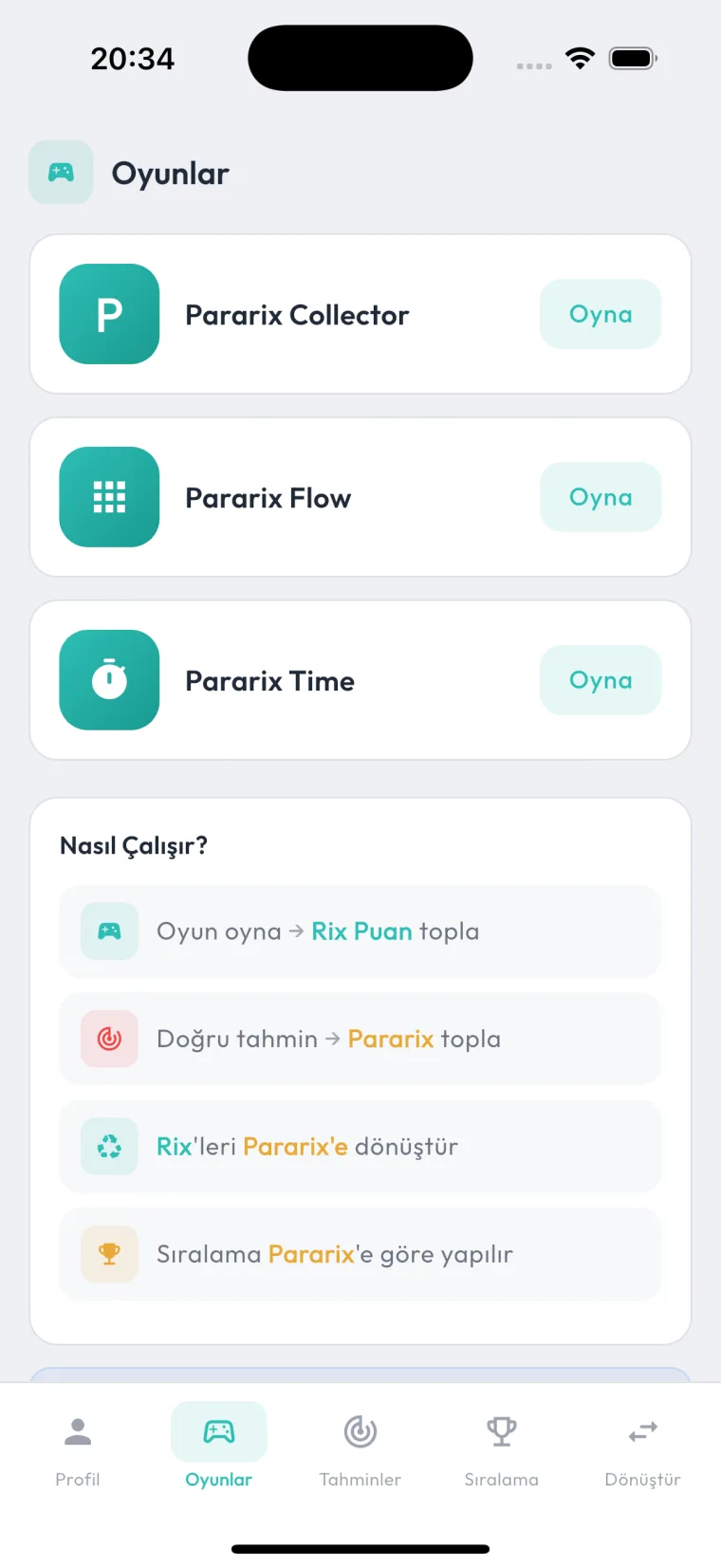 Pararix mini oyunlar ekranı