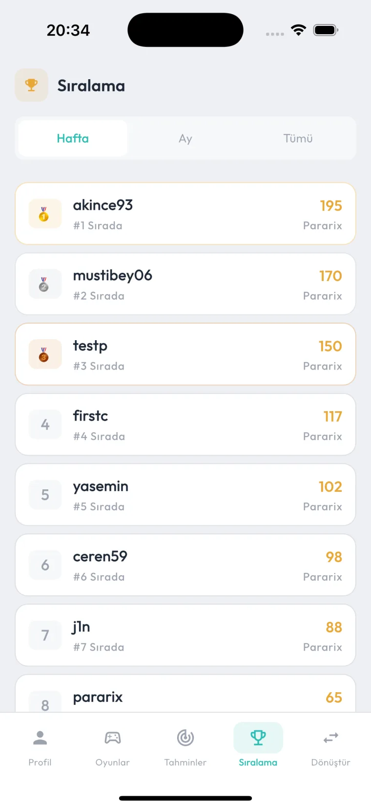 Pararix sıralama ve liderlik tablosu